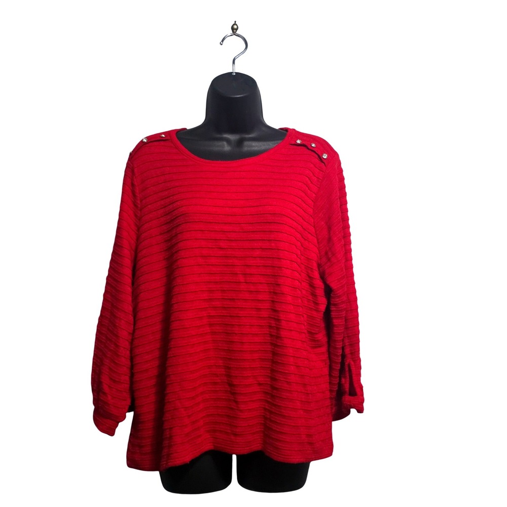 Liz Claiborne Womens XXL Red Ribbed Long Sleeve Top Rhinestone Shoulder Accent